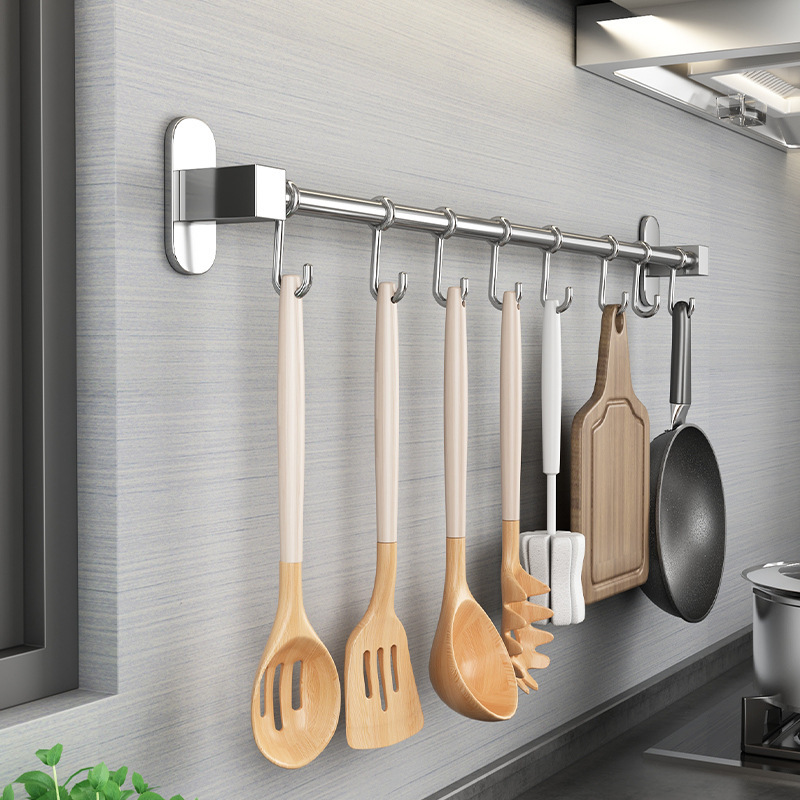 304 Stainless Steel Hook, No-Drill Kitchen Storage Rack, Multifunctional Hanging Rod, Spoon and Spatula Storage Rack, Magic Tool
