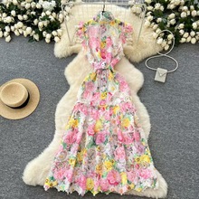 法式复古优雅镂空钩花蕾丝高领小飞袖收腰长款连衣裙女显瘦礼服裙