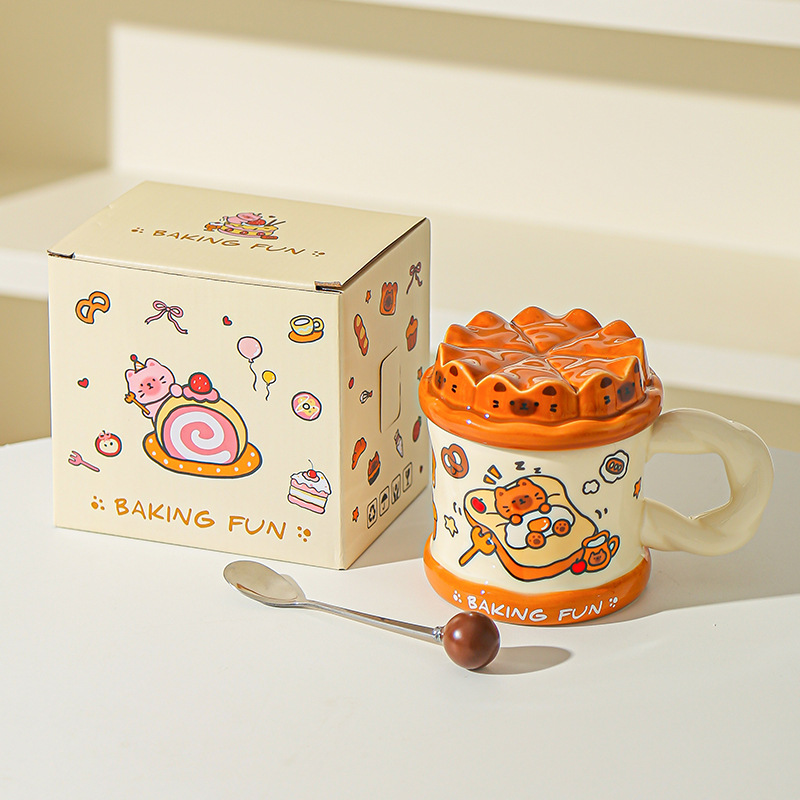 Tarta de cumpleaños pintada a mano, taza de gato, taza de cerámica de alta calidad con cubierta, taza de agua para niñas, taza de cerámica para parejas