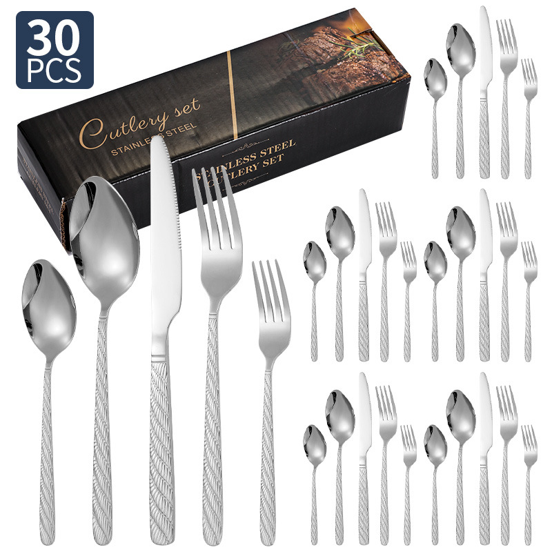 Vajilla de acero inoxidable de Amazon, bistec, cuchillo, tenedor, cuchara, cuerda de cáñamo, juego de 20/24/30 piezas, juego de cuchillo y tenedor de comida occidental de hotel