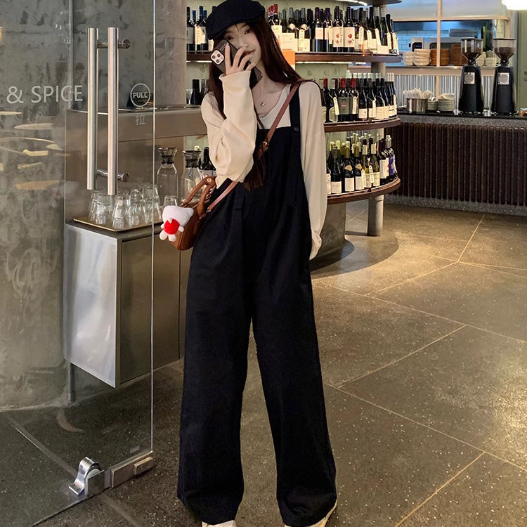 秋季薄款复古背带裤女2025新款初秋显瘦休闲宽松网红阔腿裤子套装|undefined