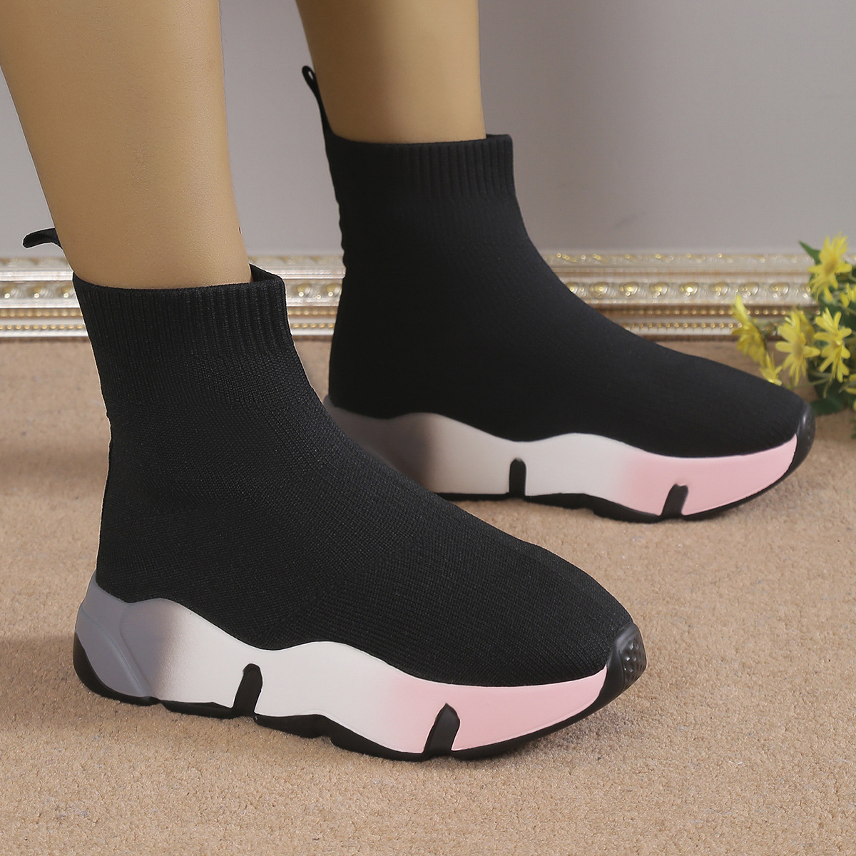 Stivali corti da donna taglie forti in Flyknit, stile europeo/americano, con suola spessa, traspiranti, casual e alla moda, perfetti per la primavera._voghion.com