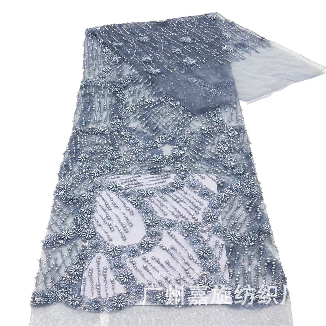 Tela floral tridimensional de alta calidad con cuentas de arroz y bordado de lentejuelas para vestidos de novia, encaje francés.