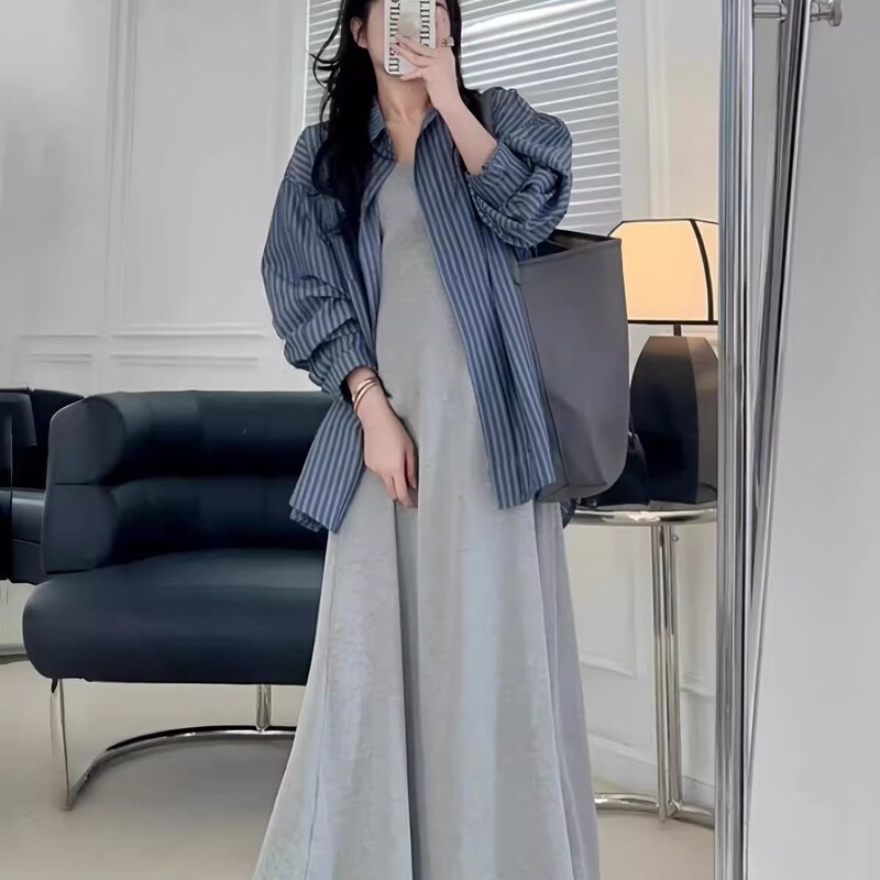 Maternity Shirt Dress Spring & Fall Lazy Suit Loose Casual Fashion Two-Piece Set Stripesd Shirt Dress Long Skirt