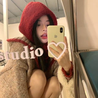 粥可可 狼外婆的女巫帽 摇粒绒红色圣诞帽子冬天保暖防寒雷锋帽女