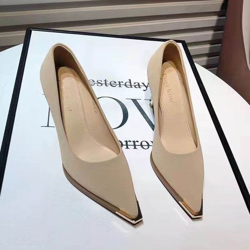 Black and White French High Heels for Women 2025 Autumn New Fashion Metal Pointed Toe Shallow Mouth Small Stiletto Shoes for Commuting