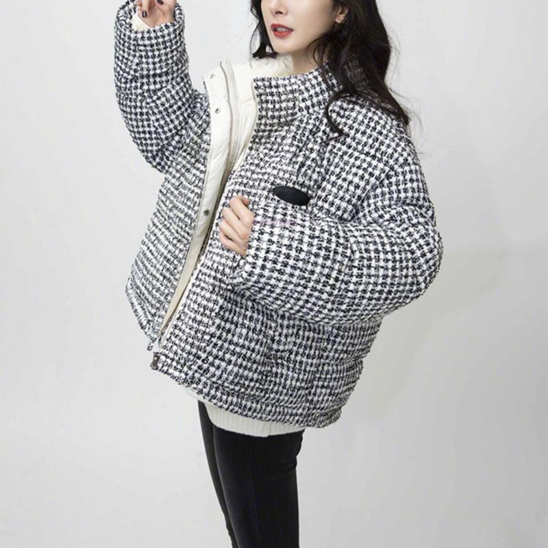 【现货】2023明星同款新款羽绒服千鸟格粗花呢高端立领气质90白鸭