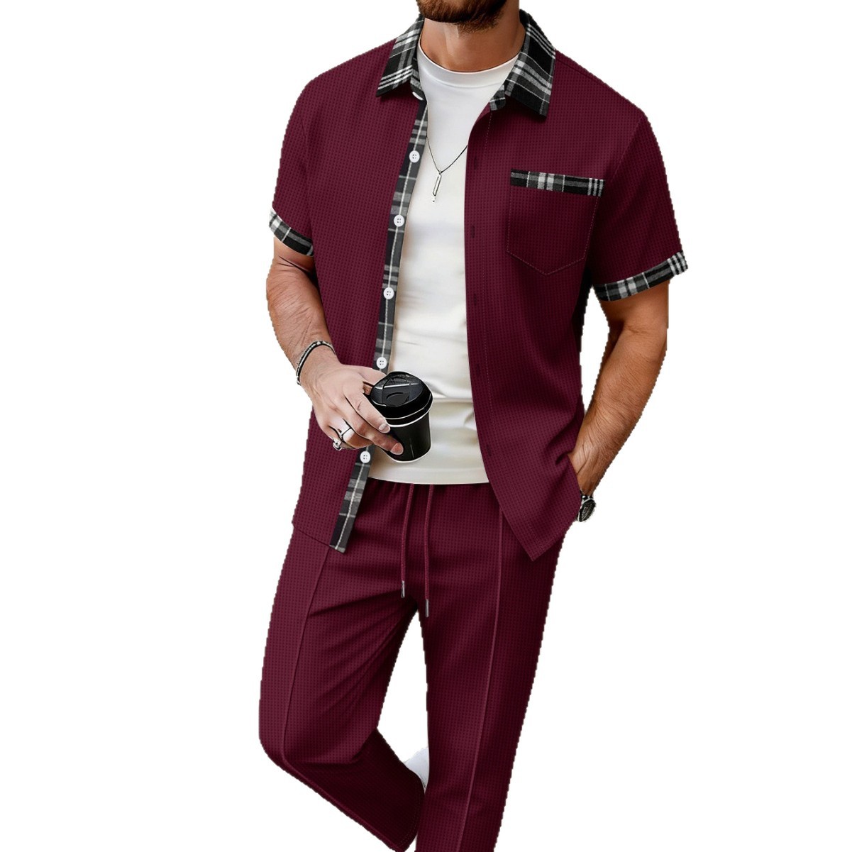 Completo da uomo composto da camicia e pantaloni in maglia waffle – Traspirante, con cuciture a contrasto, ideale per la primavera/estate (bianco/grigio/nero/bordeaux/kaki/verde scuro, taglie S-XXXL)_voghion.com