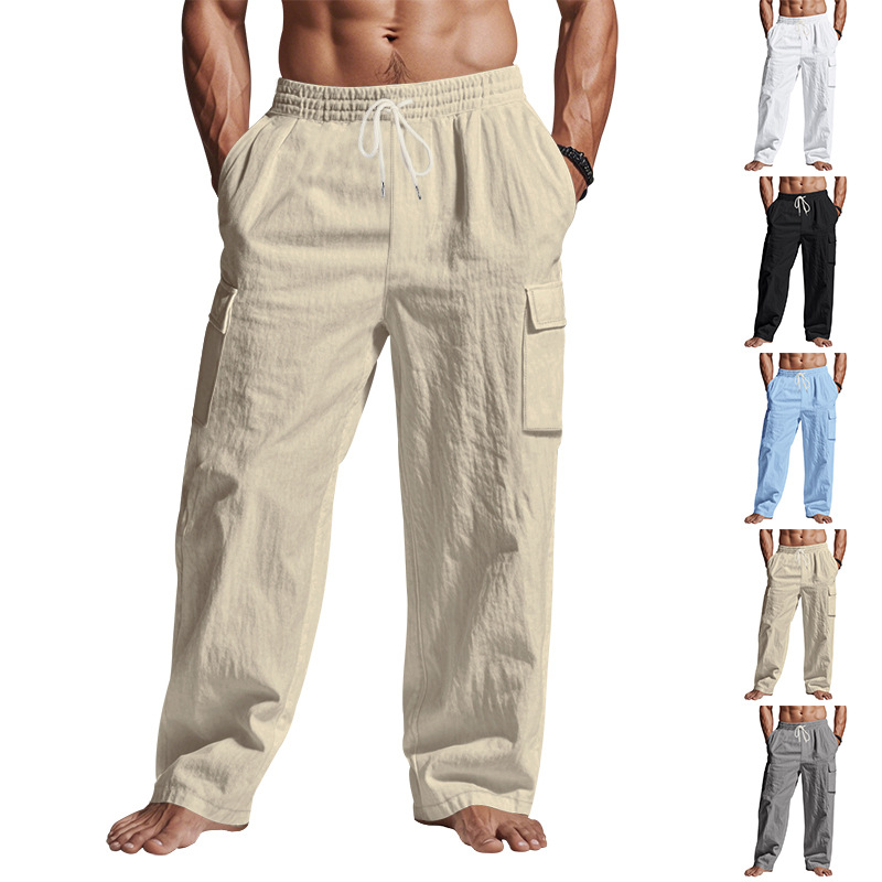 25 Cross-border Amazon Summer Men's Linen Thin Breathable Workwear Multi-pocket Loose Casual Pants Trousers