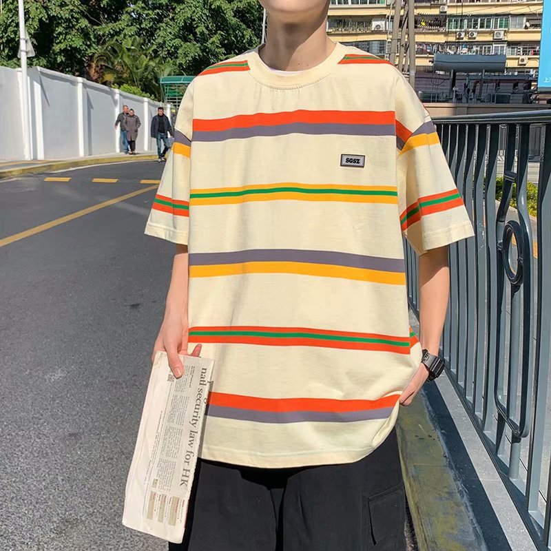 Men's Round Neck Striped Short-Sleeved T-Shirt Summer Korean Style Fashion Brand Half-Sleeved T-Shirt Men's Five-Sleeve Base Shirt Top