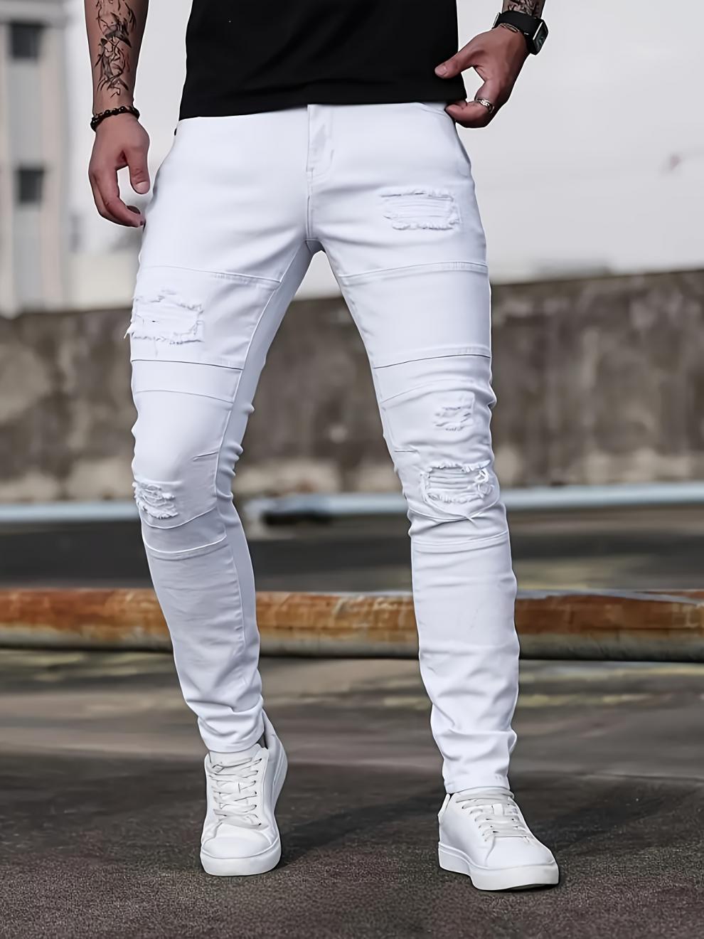 Classic Slim Fit Stretch Jeans Straight Leg Casual Men's Clothing White Stylish_mkmklike.com