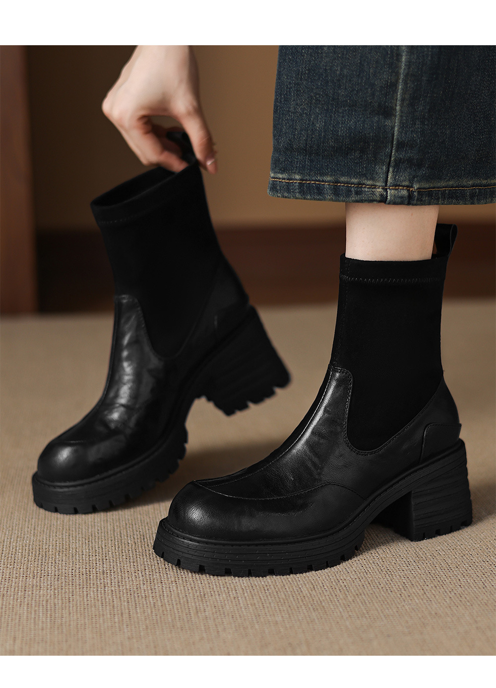 Boot cổ ngắn cao gót đế dày mũi tròn phong cách retro thu đông 2025, phối dệt kim, gót thô ôm chân — nhung đen, Nhung nâu, Lớp lót đơn màu đen, Lớp lót đơn màu nâu chi tiết 6