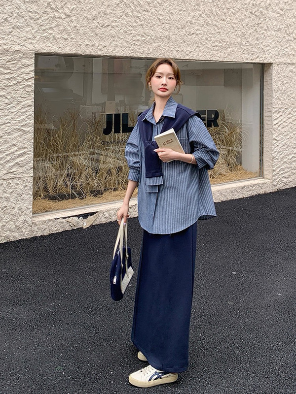 时尚减龄显瘦条纹衬衫披肩套装女装2025秋季新款半身裙休闲三件套|undefined