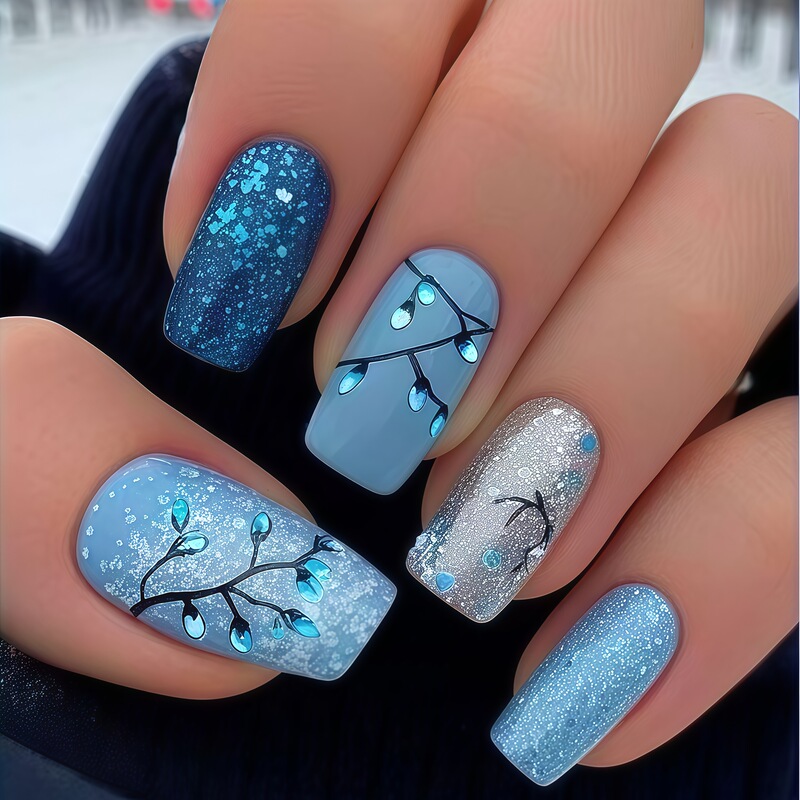 Cross-Border Hot-Selling Blue and Black Gradient Love Vine Pattern Dreamy Square Toe Design Finished Product Wearable Manicure Cross-Border Hot-Selling Blue and Black Gradient Love Vine Pattern Dreamy Square Toe Design Finished Product Wearable Manicure