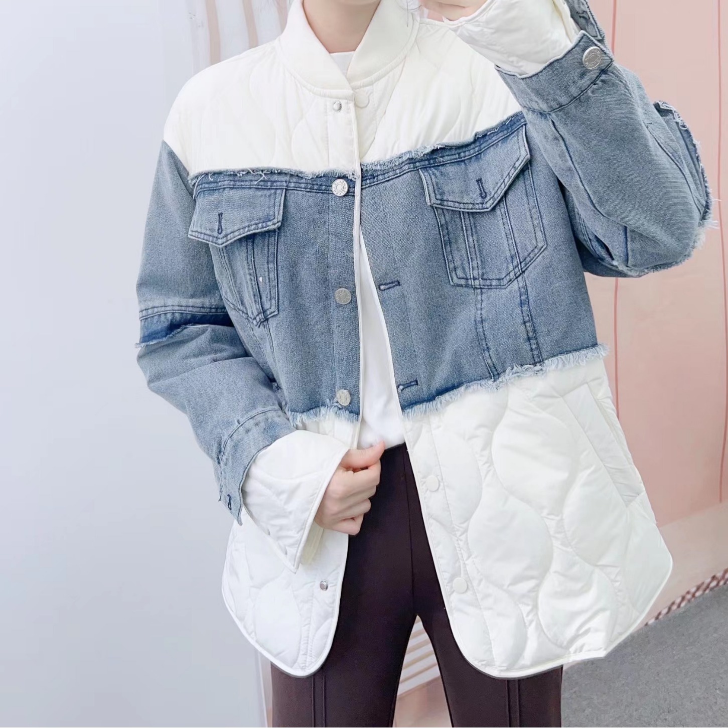 清仓冬季品牌专柜时尚休闲韩版百搭宽松拼接牛仔棉服外套004/i1