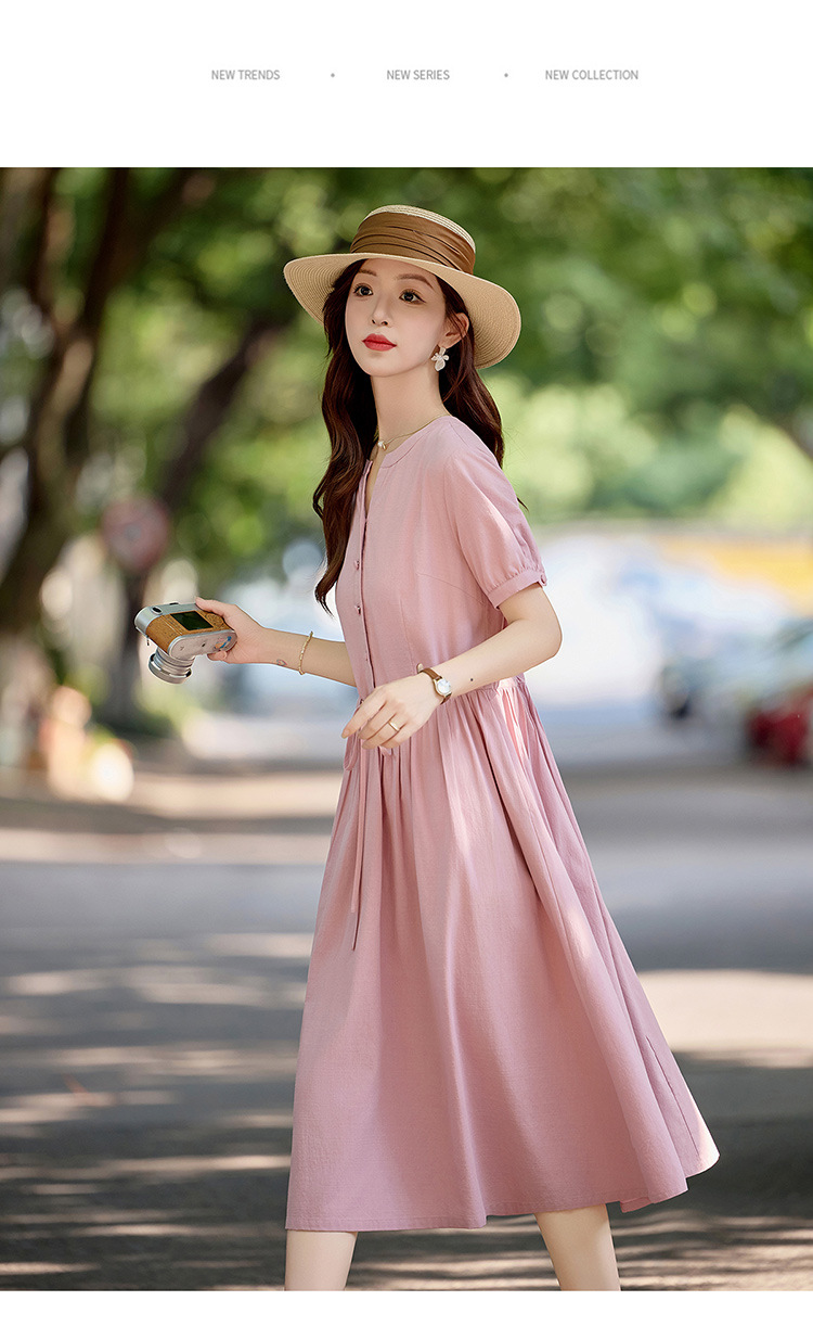 Váy midi cổ V dáng ôm dây buộc thanh lịch mùa hè 2025 NI509 — màu xanh, màu hồng chi tiết 19