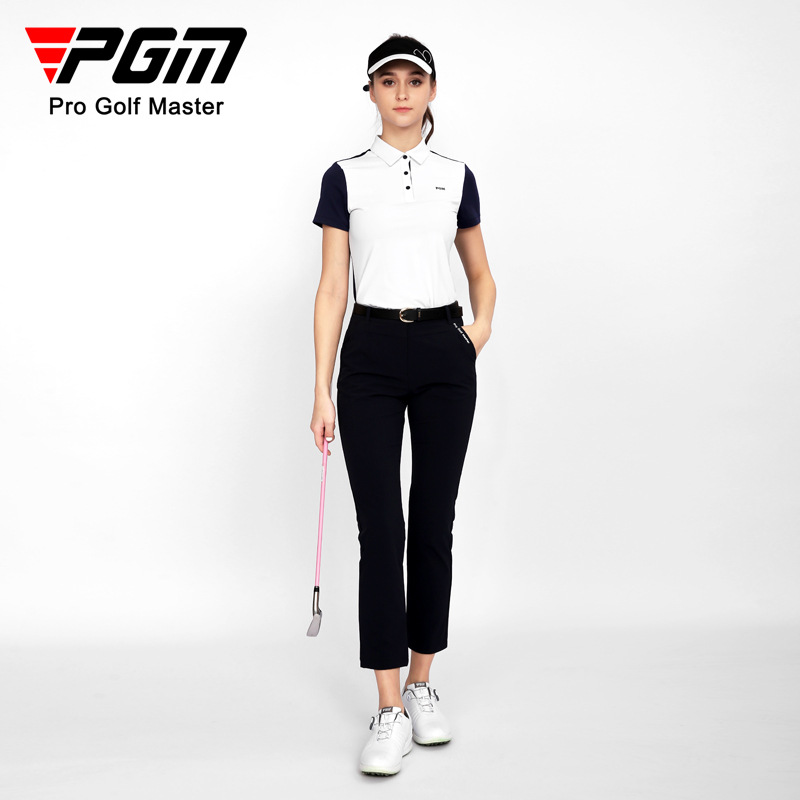 Áo thun nữ ngắn tay phối màu thể thao golf thoáng khí — YF554-Áo màu hồng, YF554-Áo màu trắng, KUZ149-Quần màu xanh nước biển, KUZ149-Quần Trắng