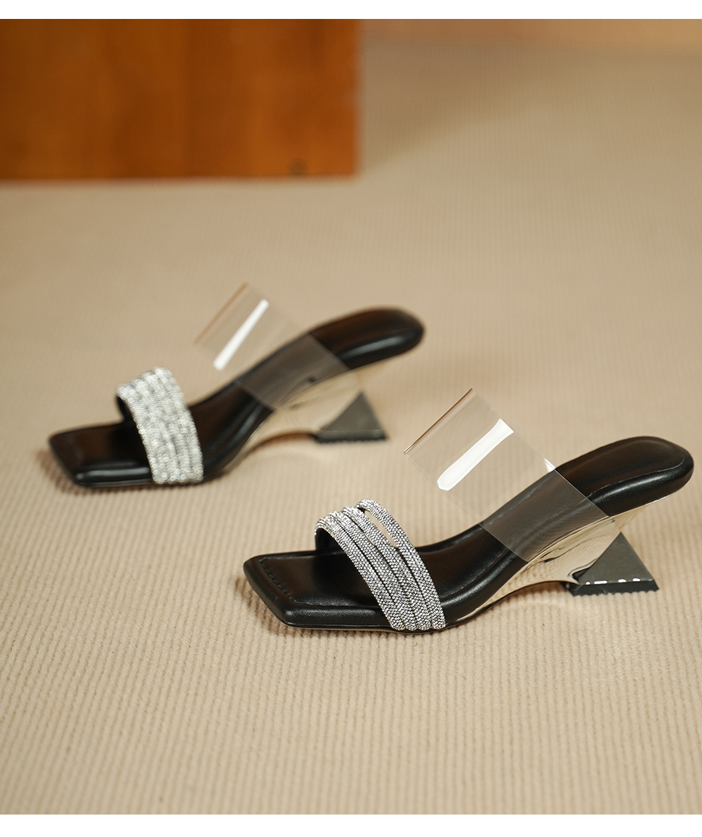 Sandal cao gót nữ mũi vuông đính đá, quai ngang trong suốt, gót 6 cm — đen chi tiết 14