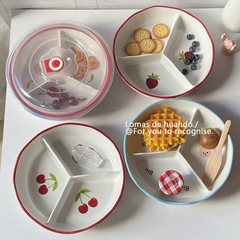 ins divided plate household ceramic deepened with lid fat-reducing quantitative meal bowl divided plate fruit plate lunch box