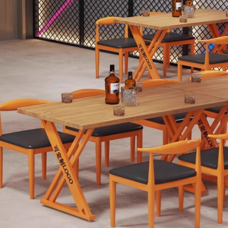 Industrial-style wrought iron table and chair combination barbecue fast food restaurant coffee milk tea hotpot restaurant good-looking solid wood commercial dining table