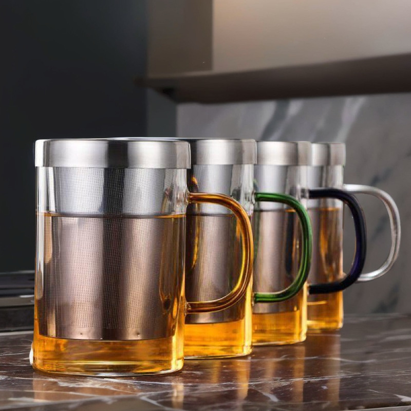 辦公室茶水分離過濾泡茶杯不鏽鋼漏泡茶杯 高硼硅玻璃彩把三件杯