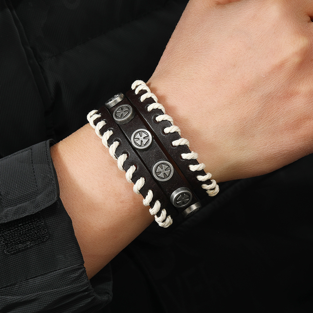 Street Occasion Retro Color Block Pu Leather Alloy Knitting Men's Bangle Men Cord & Leather Bracelets
