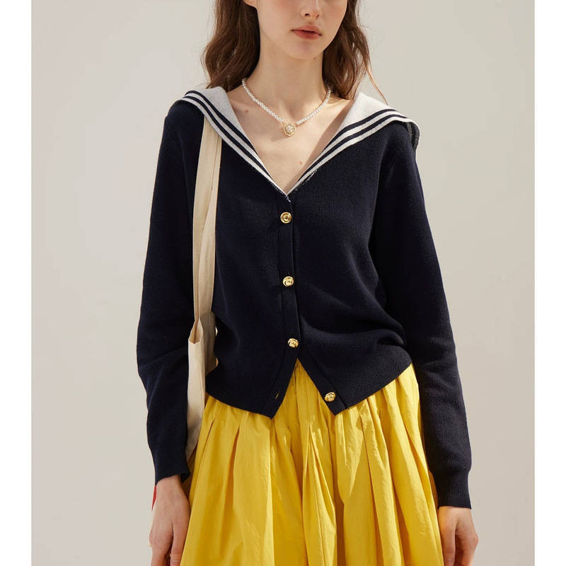 Sullengera French Navy Style 2026 Spring New Skin-Friendly Wool Blend Slim Fit V-Neck Knit Sweater in Navy Blue Sullengera French Navy Style 2026 Spring New Skin-Friendly Wool Blend Slim Fit V-Neck Knit Sweater in Navy Blue