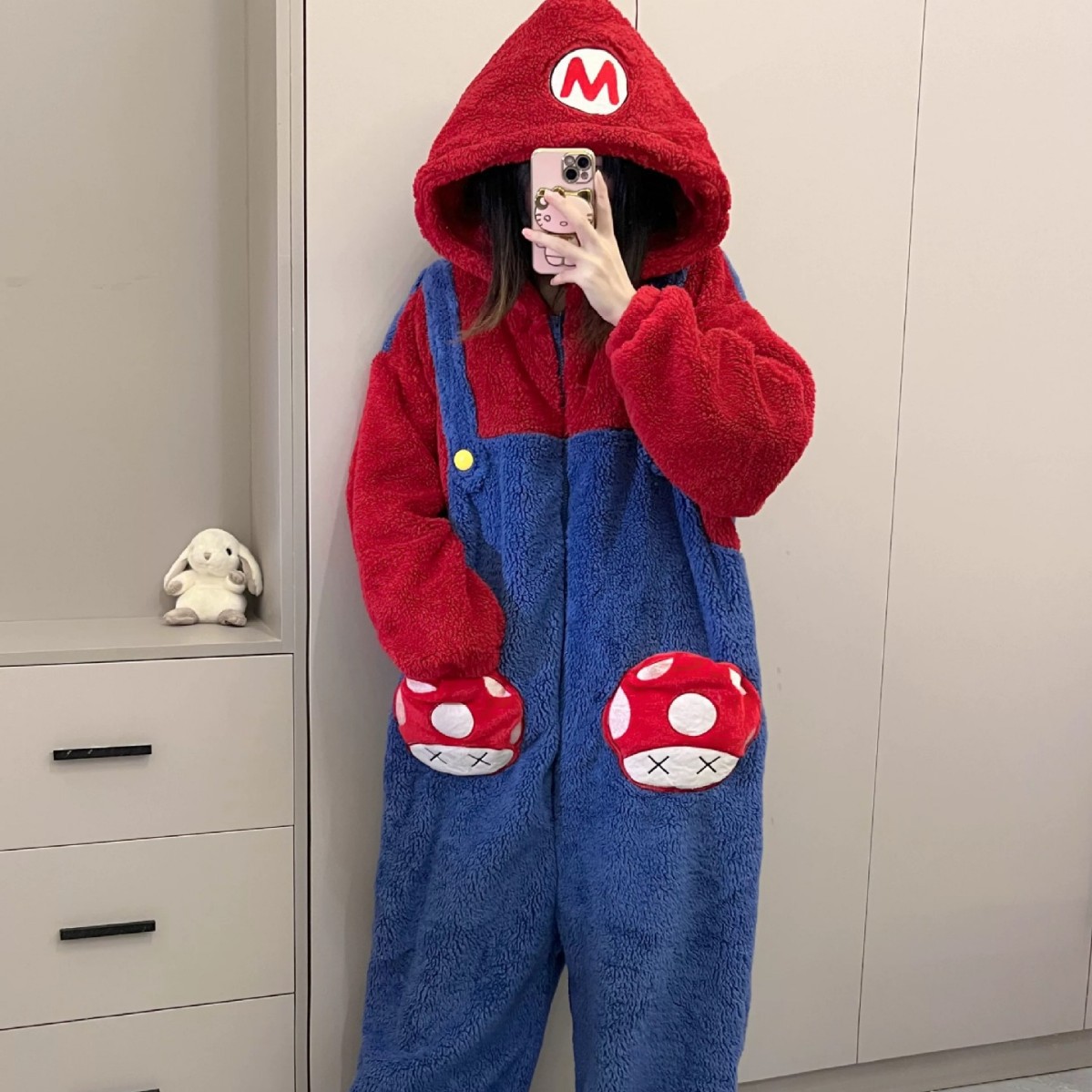 Mario Winter New Coral Fleece fleece-lined Thickened Outer Wearing Funny One-piece Pajamas