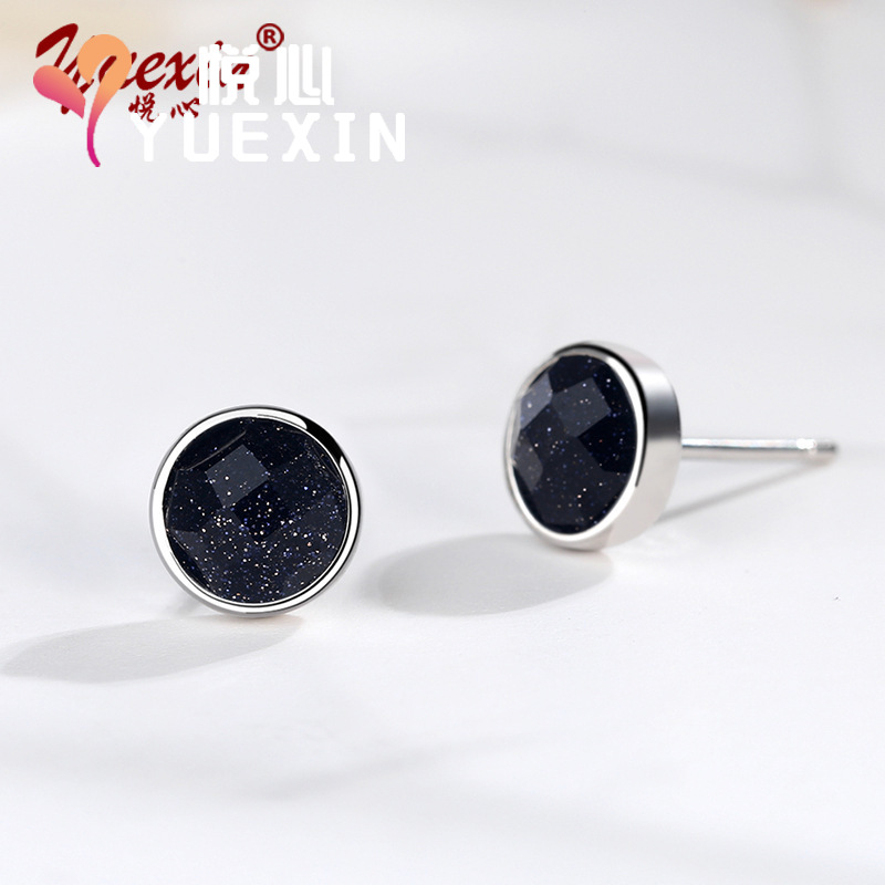 s925 Sterling Silver Earrings Round Purple Sand Black Onyx Men's and Women's Cool Style Elegant Simple Retro Internet Celebrity Earrings