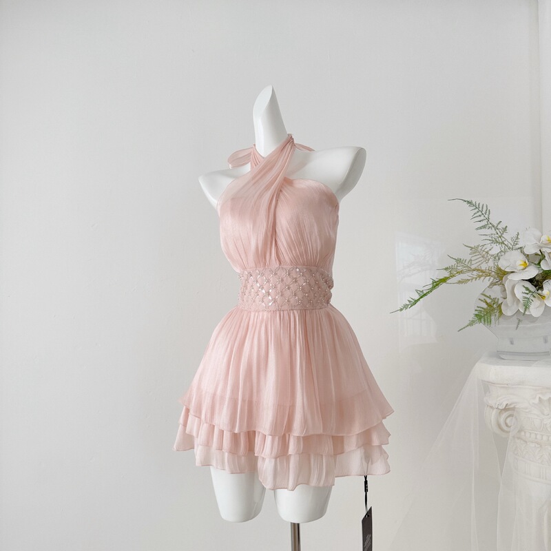 Temple-Style Crushed Diamond Galaxy Chain Waist Dress with Multiple Wearing Styles, Champagne Pink Halter Neck Princess Dress, Short Dress