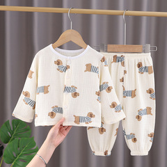 Summer Wear Double-layer Cotton Gauze Pajama Set for Infants and Toddlers, Boys and Girls, Long-sleeved Air Conditioning Suit, Summer Home Clothes