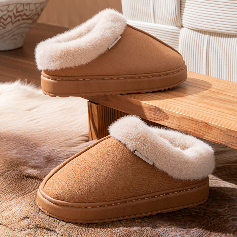 New Plush Cotton Slippers for Women in Winter Indoor Home Warm Fleece-Lined Anti-Slip Bag and Outer Wear Thick-Soled Slippers for Men in Autumn and Winter