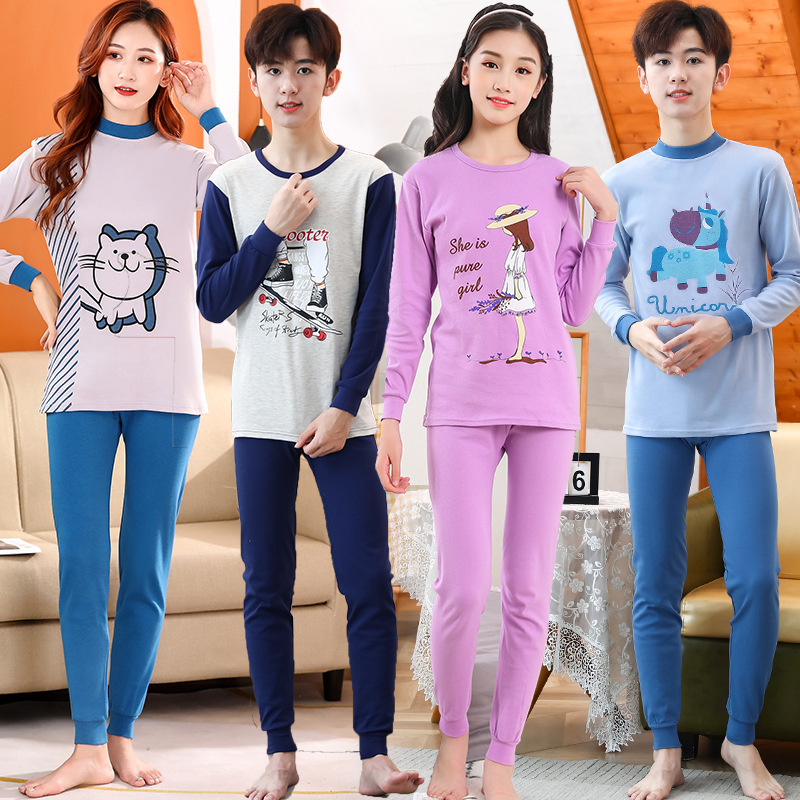 Youth Autumn Clothes and Pants suit High School Students Big Children Cotton Thermal Underwear Pullover Low Neck Cotton Wool Base Shirt