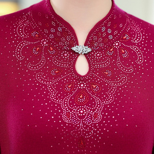 中老年女裝針織毛衣純色顯氣質T恤寬松旗袍領2023秋冬新款媽媽裝圖片