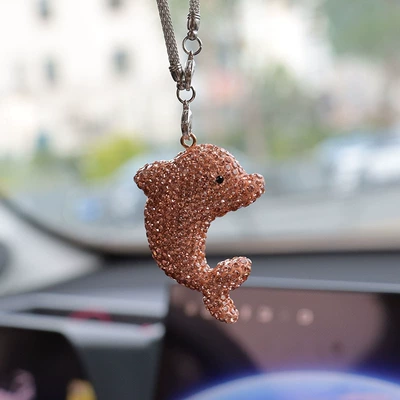 Innovative Clay Diamond-Encrusted Car: Car hanging - champagne-gold-rhinestone-dolphin-car-pendant