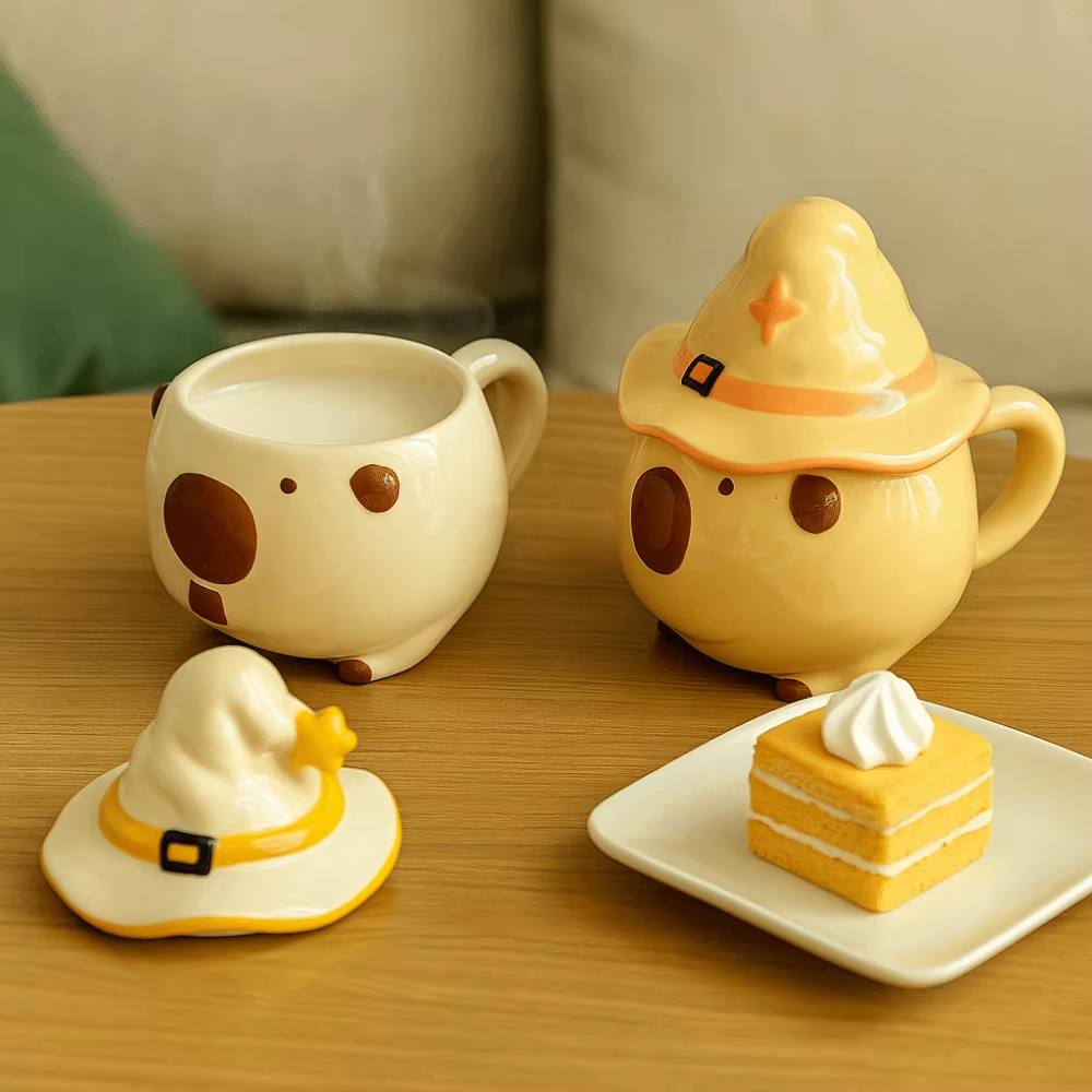 Bonito sombrero de hechicero taza de cerámica con mango Qin Sheng latas de condimento de cerámica con cubierta adornos de mesa regalos