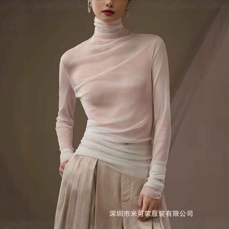 Women's turtleneck lace base layer top, 2026 autumn new style, sheer and elegant, high-neck mulberry silk top Women's turtleneck lace base layer top, 2026 autumn new style, sheer and elegant, high-neck mulberry silk top