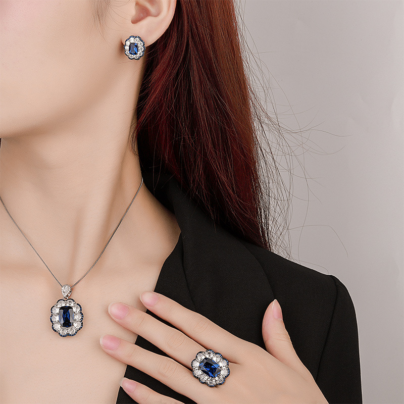 Zhuang sheng joyas cobre inferior chapado en oro conjunto de joyas simulación azul señaló cristal avanzado retro conjunto femenino 10*14-8*10
