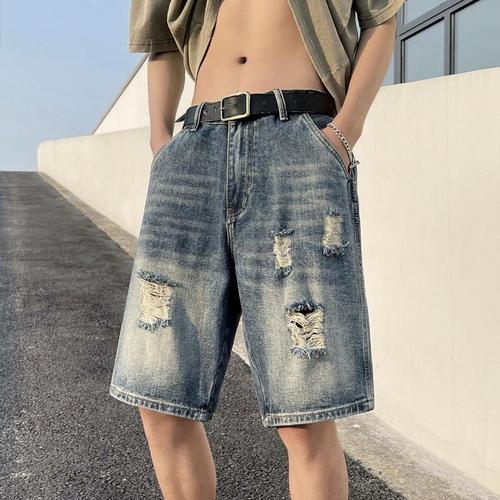 American casual retro ragged hole denim shorts for men loose trendy cool five-pocket shorts summer thin middle pants
