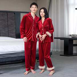 2022新金丝绒情侣睡衣秋冬季结婚套装喜庆羽毛开衫长袖长裤家居服