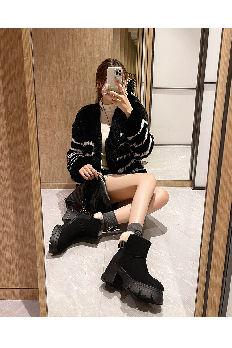 Boot tuyết nữ len thật gót cao đế dày ống ngắn lót lông giữ ấm — màu đen chi tiết 13