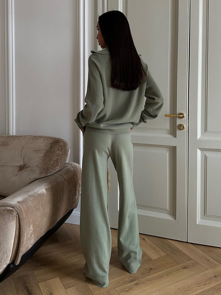 Bộ áo cardigan dệt kim khóa kéo phối quần dài ống rộng nữ — màu bột yến mạch, màu nâu, màu xám, trắng chi tiết 48
