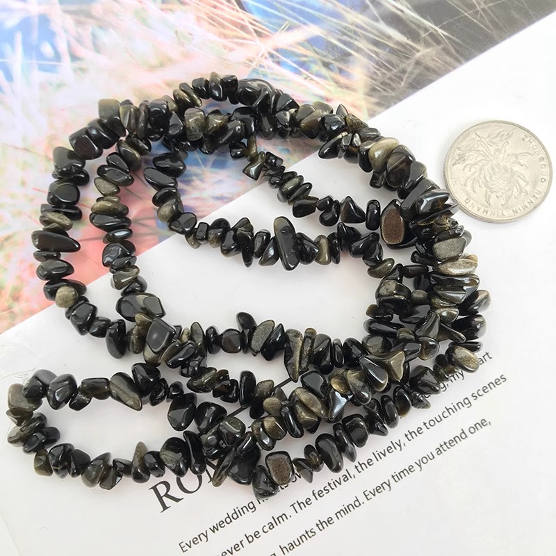 천연 금 흑요석 자갈 긴 끈 자갈 5-7mm 길이 약 85cm