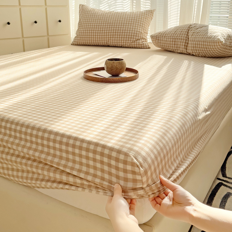 Spring Washed Cotton Fitted Sheet Three-Piece Set Japanese Simple Plaid Bedspread Single Piece Home Simmons Mattress Protector