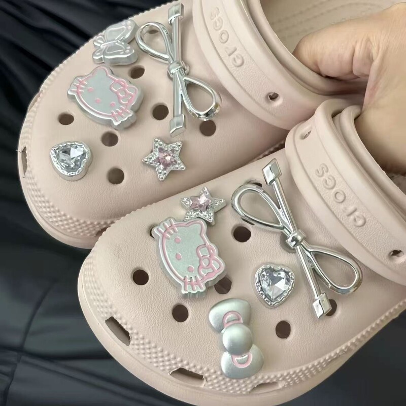 Cute Silver Cat Hole Shoes Accessories DIY Accessories Cartoon Girl Hellokitty Bow Shoe Flower