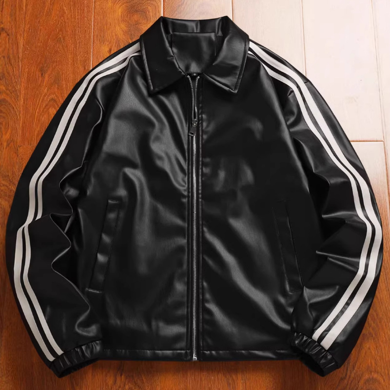 Cross-Border New Men's Leather Jacket, Popular Striped Faux Leather Jacket Cross-Border New Men's Leather Jacket, Popular Striped Faux Leather Jacket