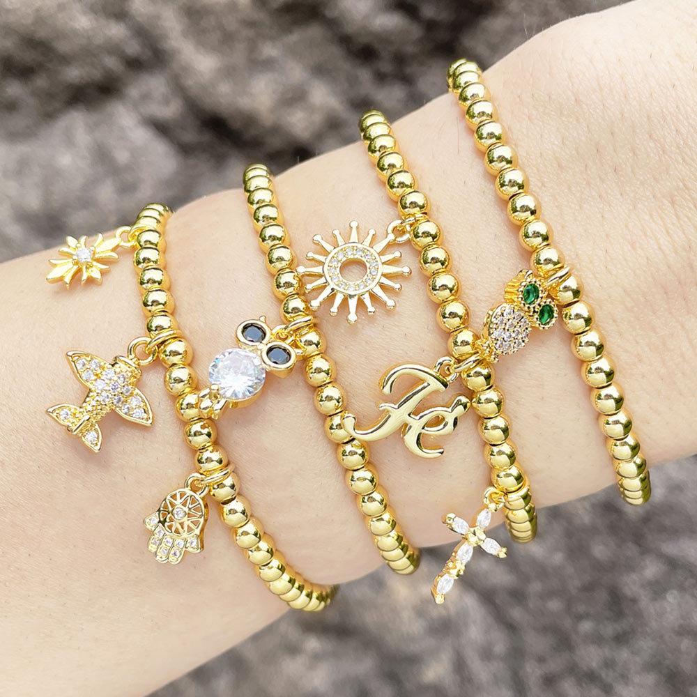 Fashion Sun Palm Owl Copper Bracelets Beaded Gold Plated Zircon Copper Bracelets