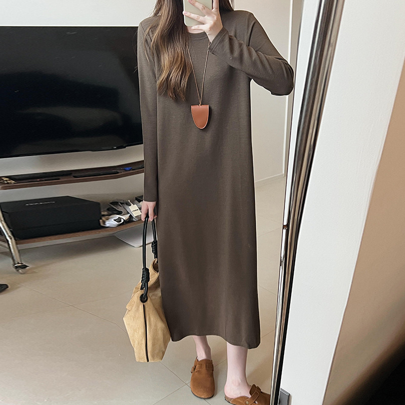 Simple ROW Style Knitted Long Dress Women's High-end Elastic Paper Commuter Lazy Loose Long-sleeved T-shirt dress