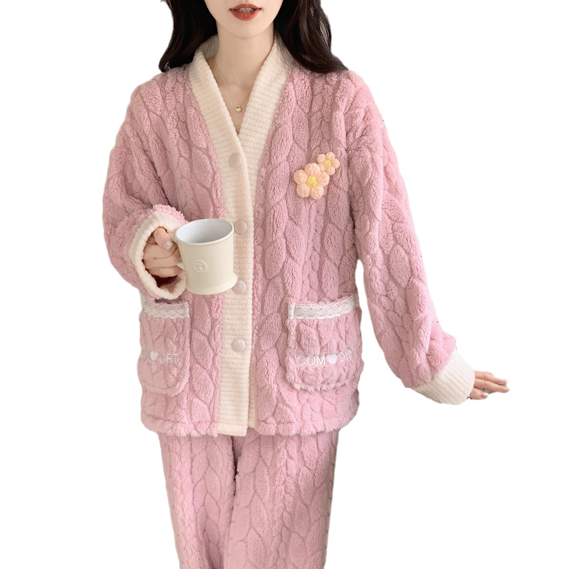 Invierno nuevo coral fleece pijamas para las mujeres de lana forrada engrosada caliente simple dulce niña franela desgaste del hogar traje