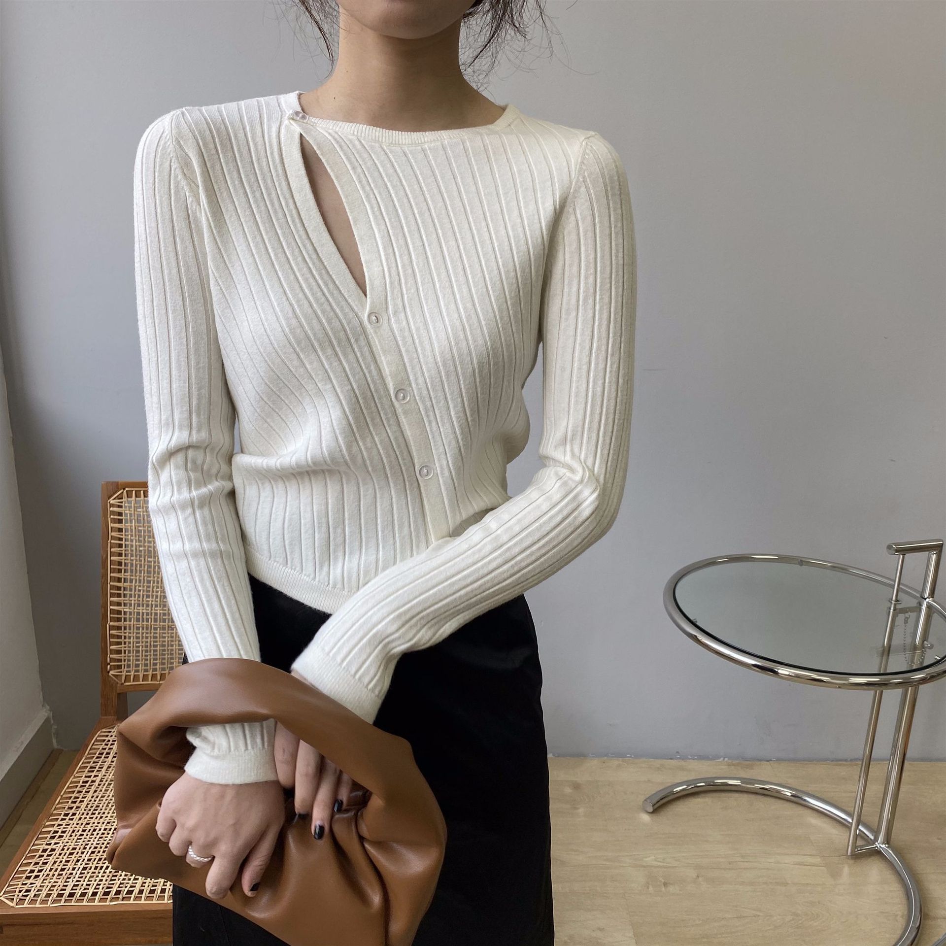 嘉织性感复古港风不规则开叉开衫 秋季针织衫秋季外搭B8130